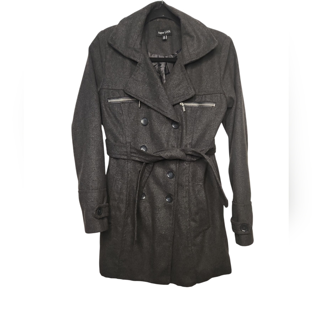 Vintage New Look Women's Charcoal Gray Double Breasted Wool Blend Peacoat Size M